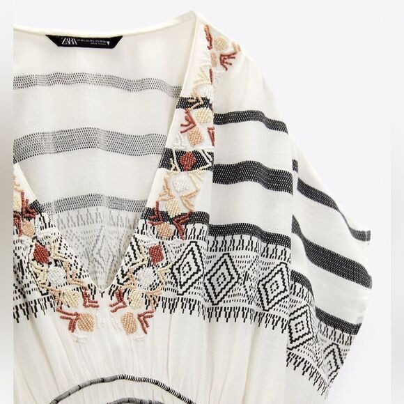 Zara White Maxi Dress with Black Embroidered Stripes - Picture 8 of 10